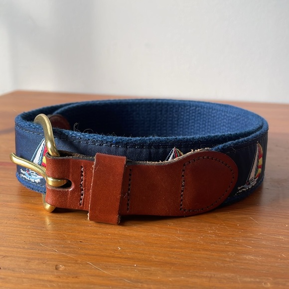 Leather Man Ltd., men’s 32” navy blue woven cotton and leather sailboat belt EUC - Picture 2 of 6